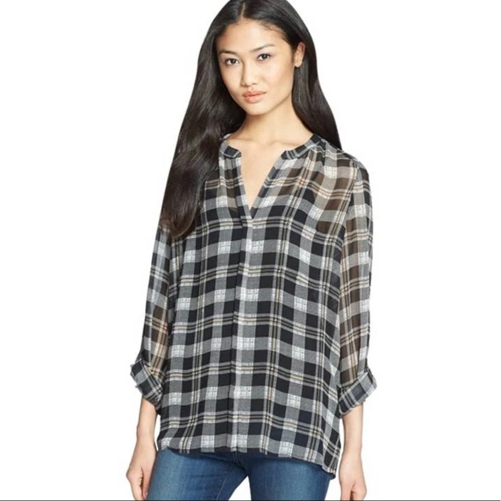 Joie Sheer Silk Black Plaid Blouse